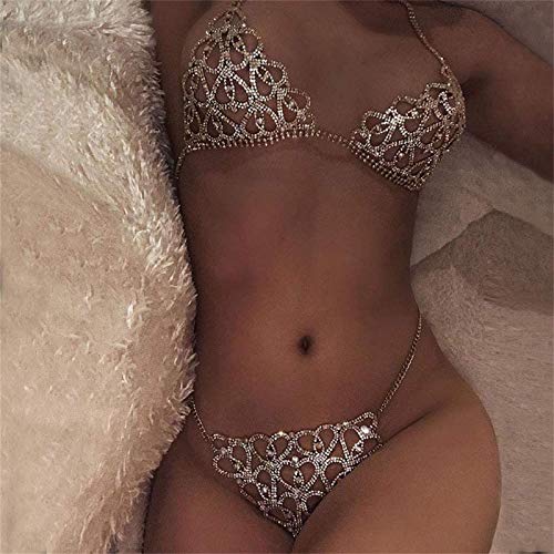 Strass Unterwäsche,Herz Crytal Bikini-Körper-Ketten Harness Für Frauen Reizvolle Wäsche-Kette Bling Strass BH Und String Set Schmuck (Gold)