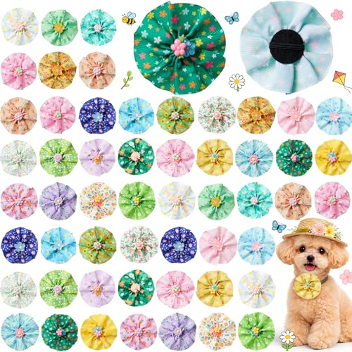 Huhumy 50 Pcs Spring Dog Collar Bow Ties Bulk Charm Flower Floral Attachment Collar with Daisy Triangle Pet Scarf Bowtie for Small Medium Large Cats Costume Grooming
