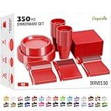 350 Pcs Red Plastic Plates For Party, Red Disposable Plates Set, 50 Of Each 9' Dinner Plate Set, 7' Dessert Plate, Cups, Napkins & Cutlery Plastic Dinnerware Exquisite
