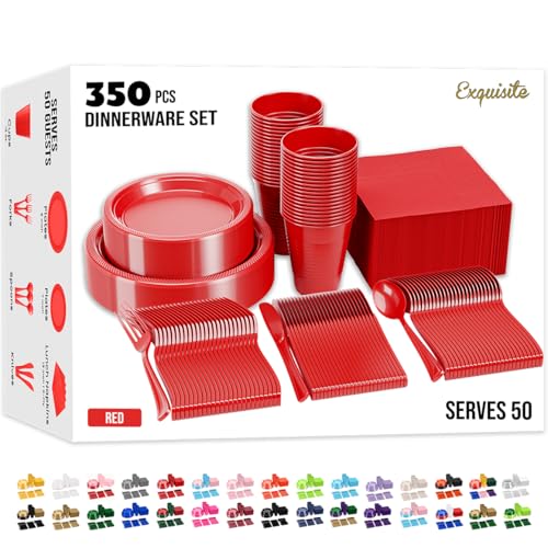 Image of Exquisite 350 Pcs Red Plates and Napkins Party Supplies Plate Sets | Sturdy Plastic Dinnerware Set With 9 inch & 7 inch Plates, 12 Oz Cups, Lunch Napkins and Cutlery Serves 50 for Birthdays & Everyday