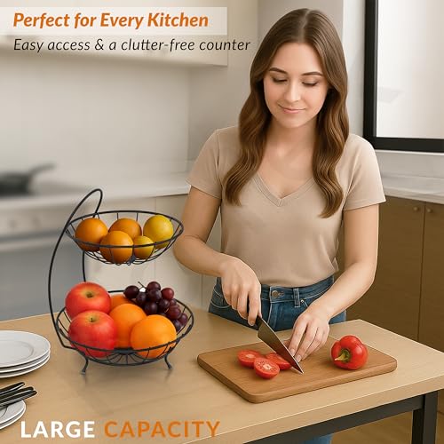 Image of Plantex Fruit Basket for Dining Table /2-Tier Vegetable Basket Stand /Fruit Bowl /Vegetable and Fruit Stand for Kitchen Storage - Black, (23 x 32 x 28 cm)