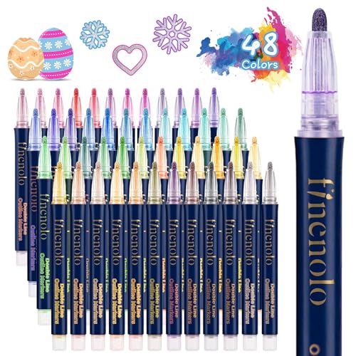 finenolo 48 Colors Double Line Outline Markers Shimmer Outline Marker Pen Set with Metallic & Glitter Effects Self-Outline Shimmer Markers for Card Making DIY Art and Doodling