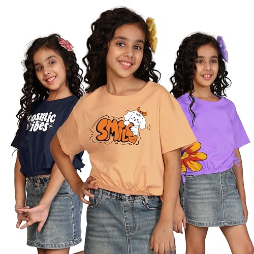 Image of KYDA KIDS 100% Cotton Crop top for Girls - Printed Short Sleeve Stylish Tshirt, Regular Fit Tops for Girl - Pack of 3
