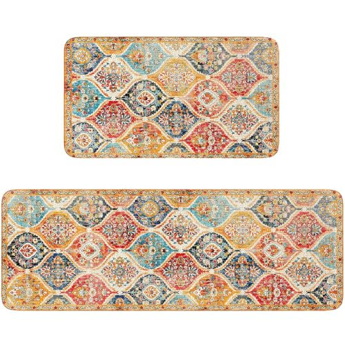 standhustle Boho Kitchen Rugs Set of 2 Pcs (47x17 +17x30) Non-Slip Backing Anti Fatigue Bohemia Kitchen Mats 2 Piece Water Resistant Washable Rugs for Kitchen's Floor