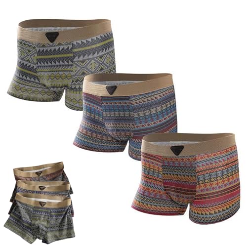 Men's Premium Cotton Boxer Briefs 3Pcs Men Retro Pattern Breathable Mesh Briefs Comfort Patchwork Seamless Underwear