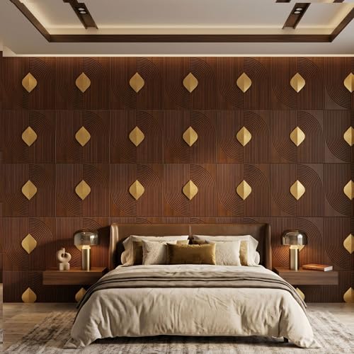 Image of Kayra Decor 3D PVC Wall Panels with Acrylic Finish for Bedroom & Living Room, Curve Line Design Blackwood, 19.7 x 19.7 Inch, Pack of 12 (32.28 Sq Ft)