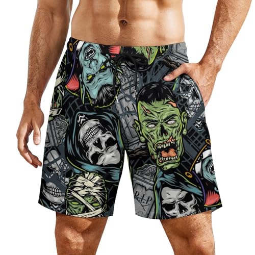 Mens Swim Trunks with Compression Liner, Halloween Horror Printed Board Shorts