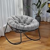 Naga Bahna Outdoor Round Rocking Chair, Patio Wicker Egg Chair, Comfy Oversized Papasan Chair with Light Grey Padded Cushion Black Frame, Royal Rattan Rocker for Living Room, Front Porch, Patio