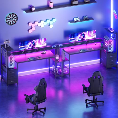 Image of Korfile 63 Inch Gaming Desk with Bluetooth LED Lights & Power Outlets,Computer Desk with Fabric Drawers & Hooks,Reversible Gamer Table with Monitor Stand for Game Room,Home Office,Carbon Fiber Black