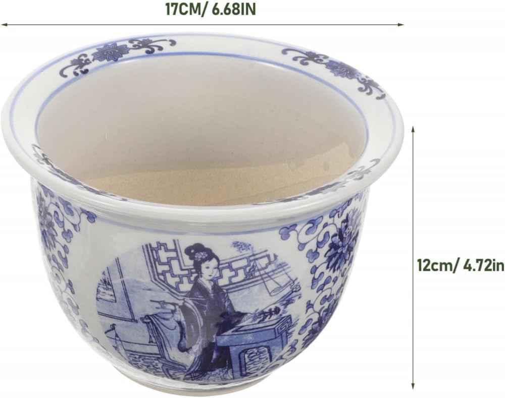 Niebiesko-biała ceramiczna doniczka z otworem drenażowym i spodkiem, dekoracyjna doniczka na rośliny doniczkowe-17,00X17,00X12,00 cm