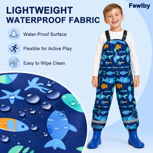 Image of Toddlers Waterproof Rain Bib Pants, Boys Girls Rain Pants Kids Cartoon Rain Trousers Lightweight Mud Pants Rainwear