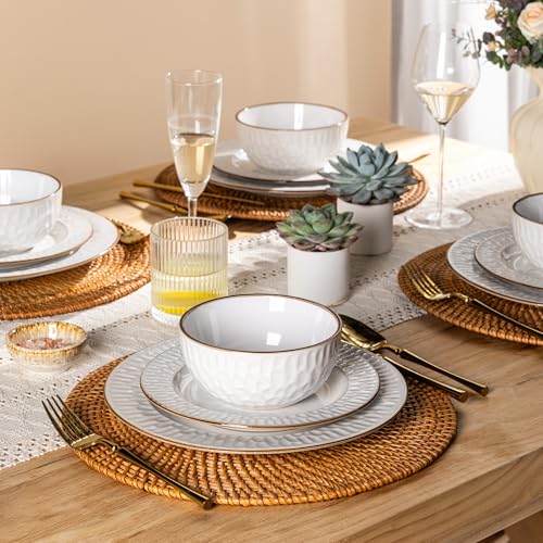 Image of GBHOME Ceramic Dinnerware Sets, 24 pcs Embossed Elegant Stoneware Plates and Bowls Sets, Housewarming Wedding Gift | Dishwasher & Microwave Safe | Dishes Set Service for 8