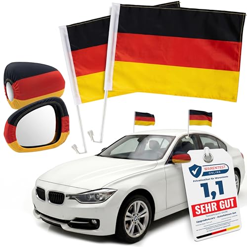 Upgrade4cars 2 x Deutschland Autofahne + Seitenspiegel Überzieher Fußball WM 2026 | Autoflagge Schwarz Rot Gold 45x30cm | Auto Nationalflagge Weltmeisterschaft Fanartikel MAX. 60 Km/h