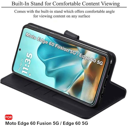 Image of TheGiftKart Flip Cover Back Case for Motorola Moto Edge 60 Fusion 5G / Moto Edge 60 5G | Genuine Leather Finish | Designer Button | Inbuilt Pockets & Stand | Flip Back Cover Case (Faux Leather, Black)