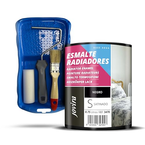 JOVIRA PINTURAS Esmalte Radiadores al Agua + Kit con Minicubeta, Rodillo de Espuma, Varilla y Paletina. (750 Mililitros, Negro + Minikit Radiadores) F-81-K