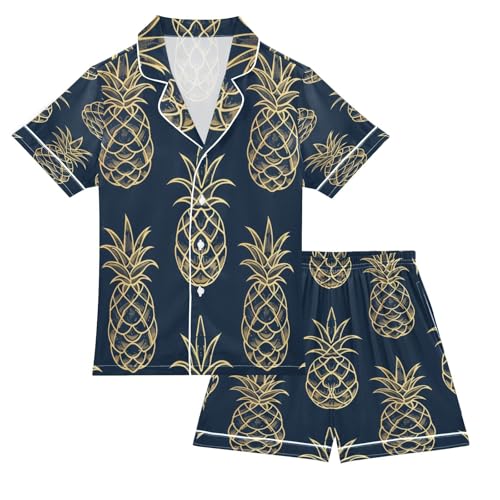 senya Pajama Sets Silky Button Down Nightwear Sleepwear Size 5-14 Years Yellow Line Pineapple