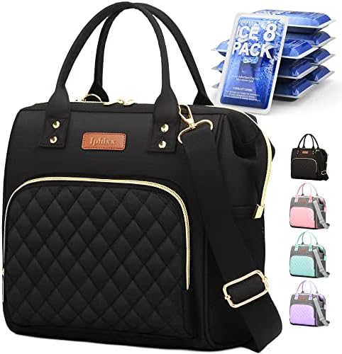 Lunch Bags for Women: Insulated Lunch Box for Women Adults, Lunch Cooler Bag, Leakproof Lunch Tote Bags for Work with Adjustable Strap Reusable Cooler Tote Bag for Picnic,Camping, 8 Ice Packs(Black)