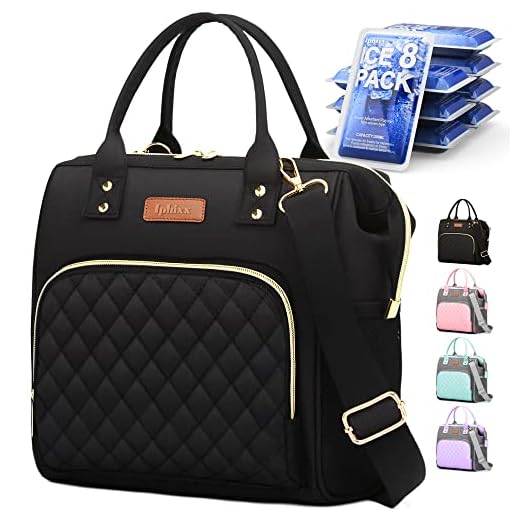 Lunch Bags for Women: Insulated Lunch Box for Women Adults, Lunch Cooler Bag, Leakproof Lunch Tote Bags for Work with Adjustable Strap Reusable Cooler Tote Bag for Picnic,Camping, 8 Ice Packs(Black)