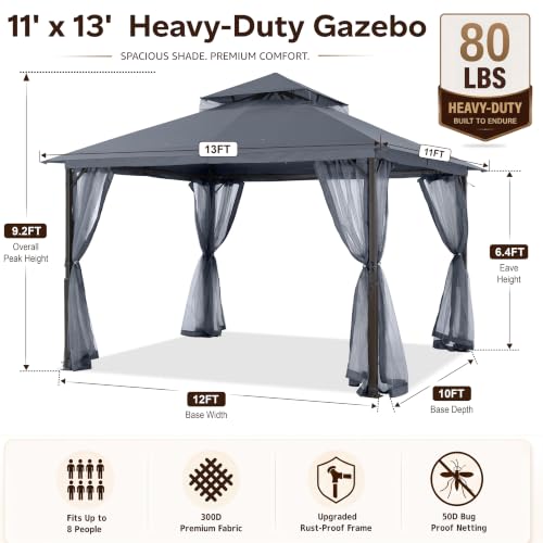 Image of MASTERCANOPY 11x13 ft Stable Patio Gazebo with Netting Walls, Dark Gray