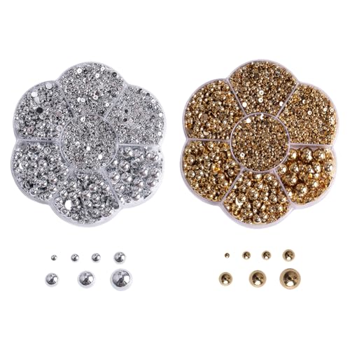 JIHUOO 4600 Pcs Flatback Pearls Gems Half Round Plastic Beads Mixed Size Nail Art Pearls Nail Resin Rhinestones Flat Back Beads for Shoes Phone Decoration Golden Silver