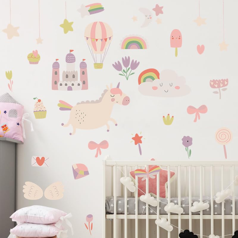 Image of Magical Unicorn Castle Wall Stickers for Kids Baby Wall Stickers for Kids Room Bedroom Playroom Nursery Living Room Decor Wall Art Wall Decoration Boho-Self-Adhesive