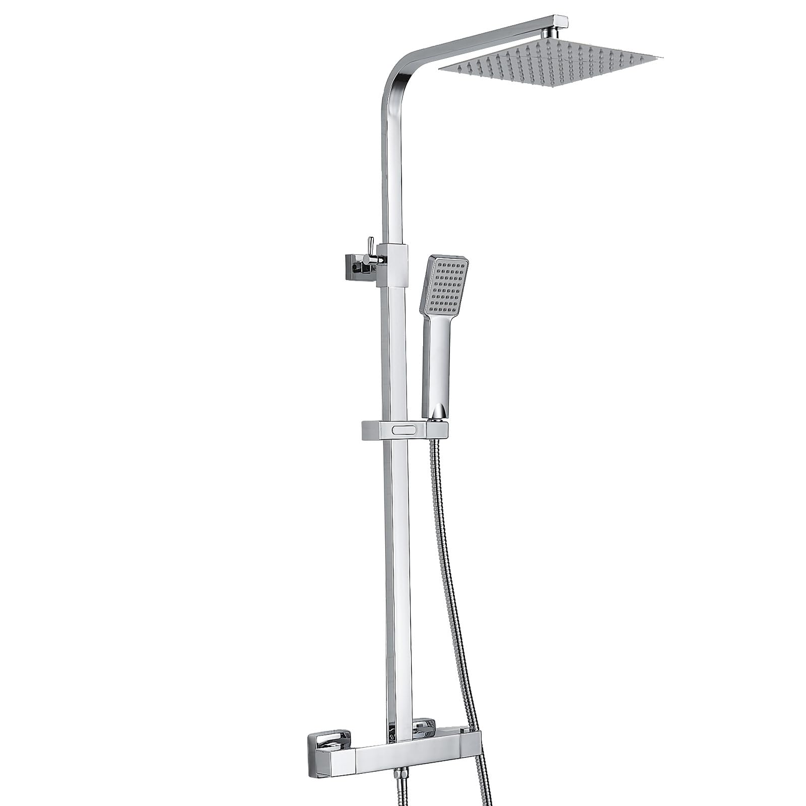 Thermostatic Shower Mixer Set, NewEast Square Chrome Bathroom Thermostat Shower System with Overhead Rainfall Shower, Power Shower Unit