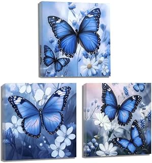CCWORKERRY Blue Butterfly Canvas Wall Art 3 Pieces Butterfly with Flower Pictures Prints for Girls Room Nursery Decor Frame (blue,12W x 12L x3Pcs)