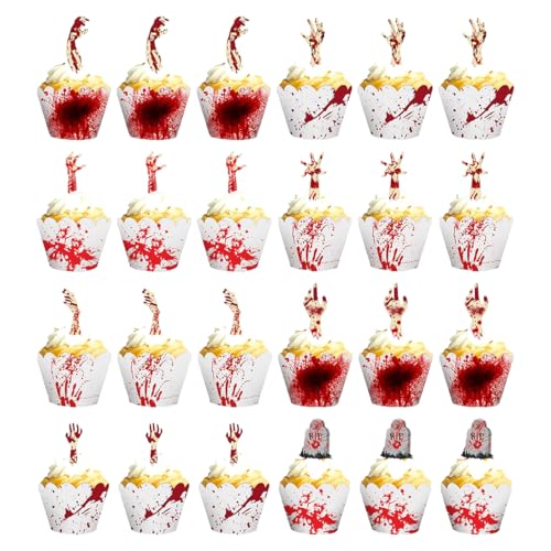 WUSJCOF Set di 48 Decorazioni per Cupcake e Wrapper di Halloween, Decorazioni Spaventose per Muffin, Pirottini di Carta per Torte e Feste