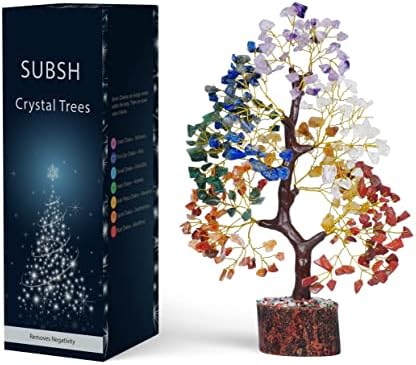 SUBSH Seven Chakra Natural Healing Gemstone Crystal Bonsai Fortune Money Tree for Good Luck, Wealth & Prosperity Home Office Kitchen Décor Spiritual Gift (Golden Wire and 300 Beads) Size 10-12 Inches