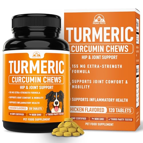 Turmeric for Dogs (155mg) Turmeric Curcumin Supplement for Dogs with BioPerine - Immune System Hip Mobility & Joint Support - 120 Chicken Flavor Chewable Tablets - Third Party Tested & Non-GMO