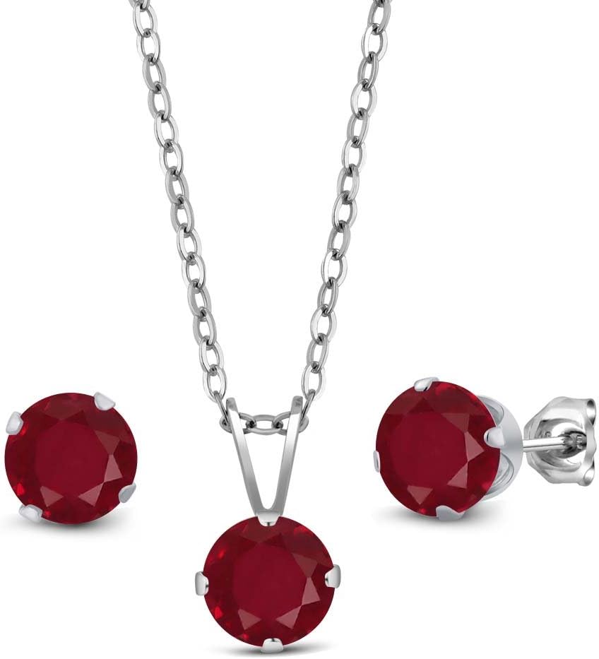 Gem Stone King 3.00 Ct Round Red Ruby 925 Sterling Silver Pendant and Earrings Jewelry Set With Chain