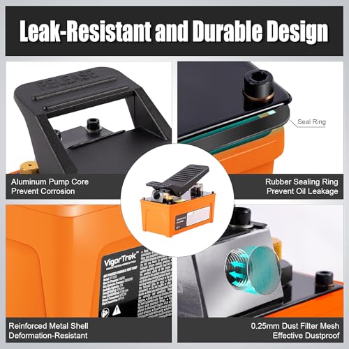 VigorTrek Air Hydraulic Pump, 10,000 PSI, NPT 3/8" Outlet & 1/4" Inlet, Foot Pedal Hydraulic Pumps with 6.6 ft Hose and Hydraulic Coupler, for Hydraulic Press, Rams & Frame Machine, Orange by VigorTrek - Image 3