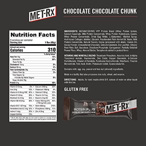 Met-Rx Protein Plus Bar, Healthy Meal Replacement, Snack, And Help Support Energy, Gluten Free, Chocolate Chocolate Chunk, With Vitamin A, Vitamin C, And Zinc To Support Immune Health, 85 G, 9 Count #TOP1