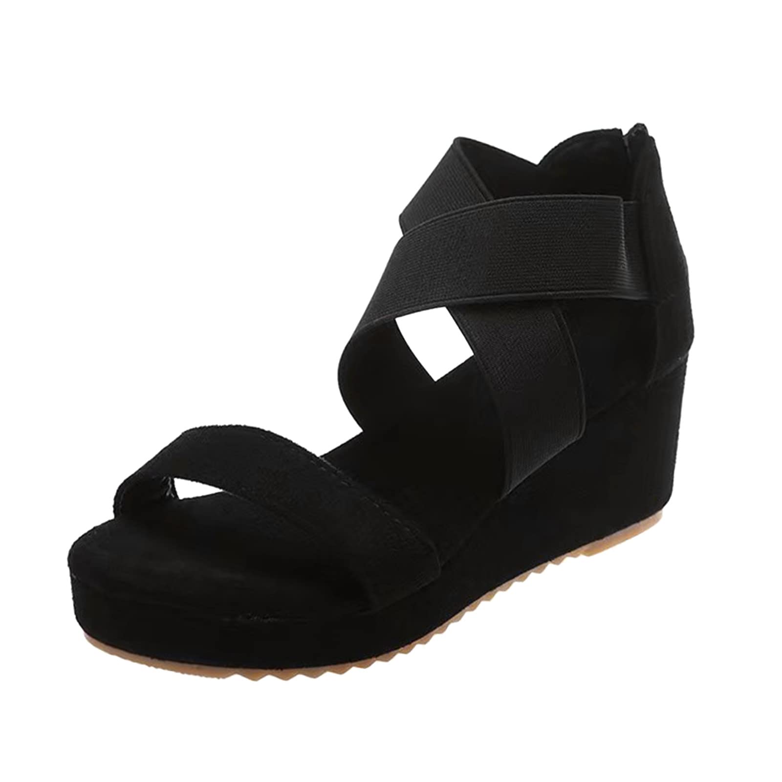 Sandali larghi per donna moda estate tinta unita camoscio aperto Toe croce elastico zeppa sandali donna sandali, Nero , 40 EU