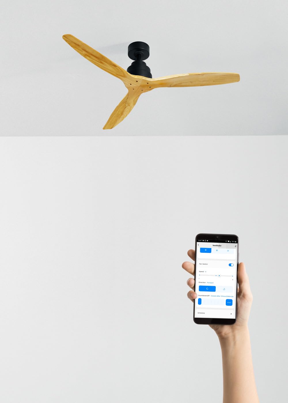 CREATE / WINDSTYLANCE NATURAL WOOD/Ventilador de techo negro aspas madera natural con Wifi y mando / 40W, Silencioso, Ø132 cm, 6 velocidades, temporizador, verano-invierno, doble altura, motor DC