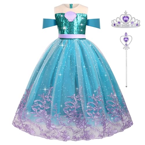 AOOWU Meerjungfrau Kostüm Mädchen, 3-Teiliges Prinzessin Kostüm Mädchen mit Kronen Zauberstab, Kostüm Meerjungfrau Kinder, Prinzessin Kleid für Karneval Faschingskostüme Halloween Cosplay Party(130cm)