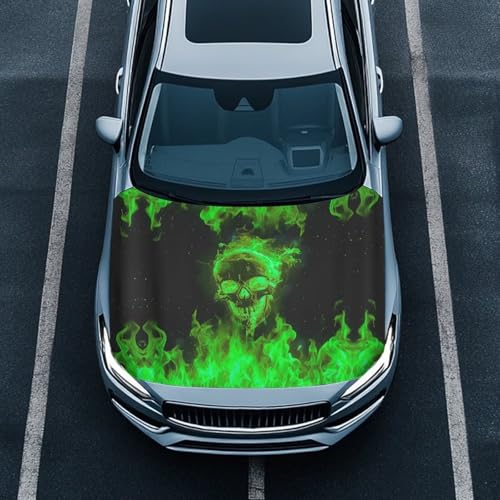 Image of Flaming Skull Car Hood Cover Easy to Install Fabric Hood Cover Vehicles Decorate Engine Removable Automotive Accessories Personalized Suitable for Cars(59x39 Inch)