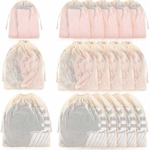 Reallnaive 18 Pack Mesh Laundry Bags with Drawstring 3 Size Organic Cotton Mesh Wash Bags for Delicates, Lingerie Garments,bra,underwear, Pants, Shoes, Socks, College, Dorm, Family, Travel Storage
