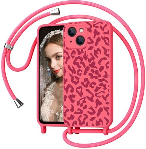 Mosoris Leopardenmuster Handyhülle für iPhone 15 Hülle mit Band, Rose Rot | Schutzhülle zum Umhängen, Abnehmbares Lanyard, Rutschfest, kameraschutz,Kratzfest, Sturzsicher, Weiches