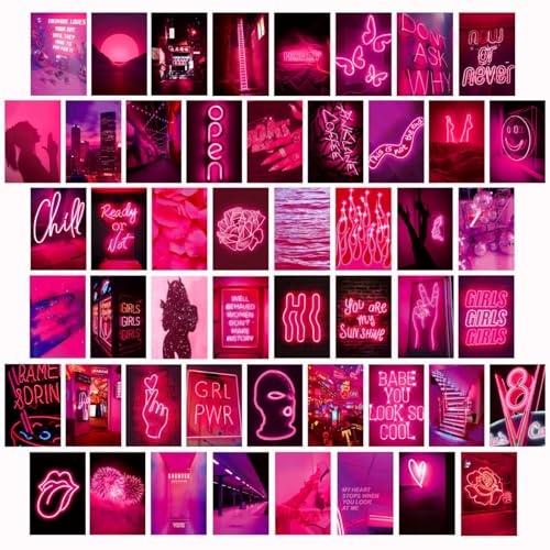 LCLAIDYDY 50 PCS Wall Collage Kit Aesthetic Pictures, Pink Neon Room Decor Posters for Room Aesthetic, Dorm Photo Wall Decor for Teen Girls, VSCO Girl Bedroom Decor (4x6 Inch)