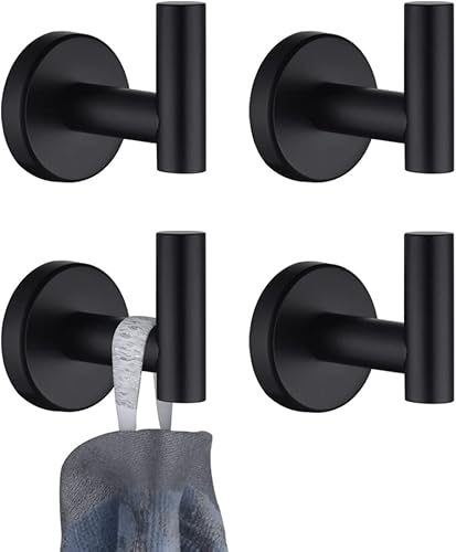 JQK TH100-PB-P4 - Gancho negro para toallas de baño, cocina, garaje, montaje en la pared (paquete de 4), acero inoxidable 304 negro mate, TH100-PB-P4