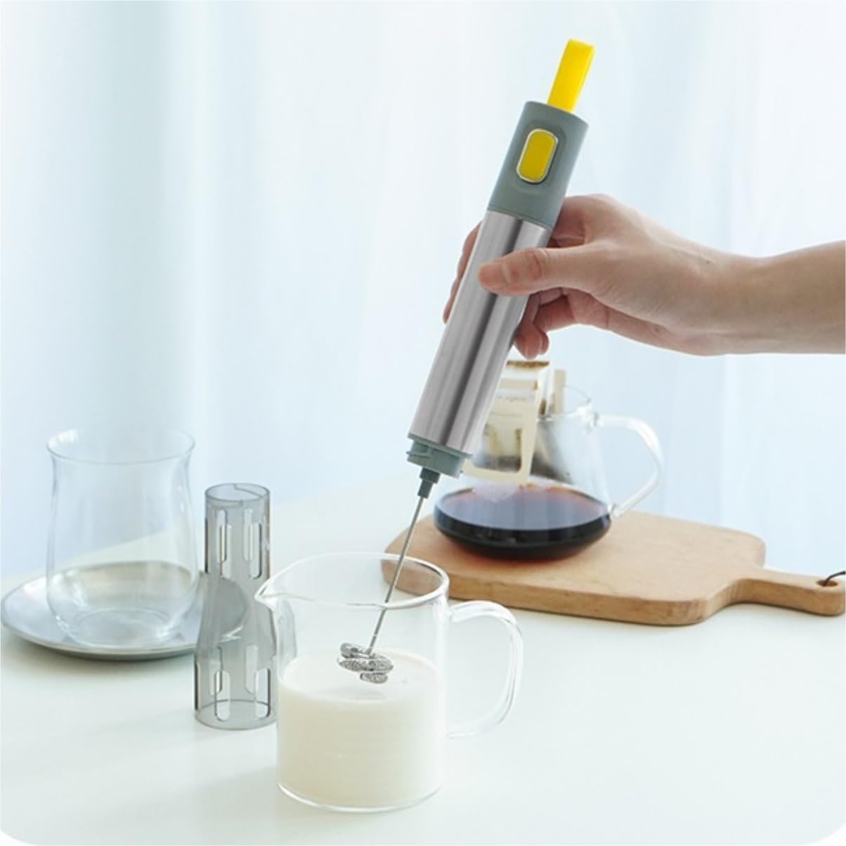 Spieniacz do Mleka Elektryczny Spieniacz Do Mleka Ze Stali Nierdzewnej Ręczny Bubbler Do Mleka Do Kawy Spieniacz Do Kawy (Color : Yellow, Size : 31 * 4cm)