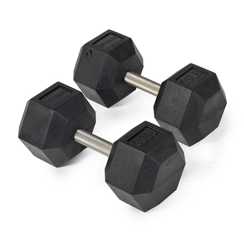 Titan Fitness 65 LB Pair Free Weights Black Rubber Coated Hex Dumbbell Straight Stainless Steel Handle Strength Training