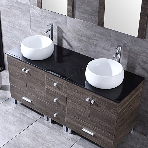 Bathjoy 60" Double Ply Wood Bathroom Vanity Cabinet And Round Ceramic Sink W/Mirror Combo Wash Basin With Faucet #TOP4