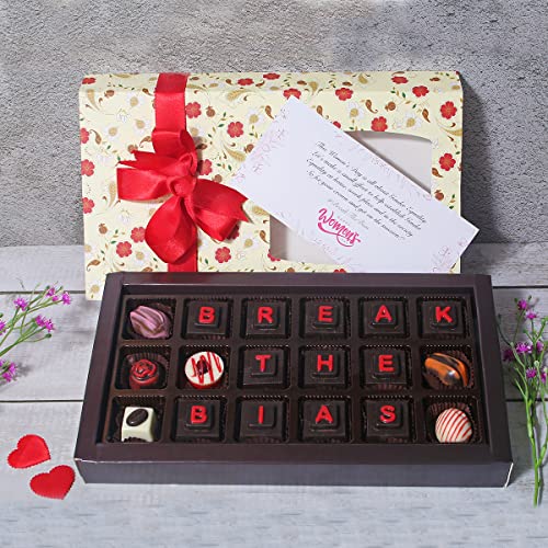 Image of Velevt Fine Chocolates Women's Day Gift Hamper Pack for Ladies, Employees, Mom, Wife, Daughter, Girlfriend | 18 Assorted Dark & Milk Chocolates Gift Pack with Greeting Card