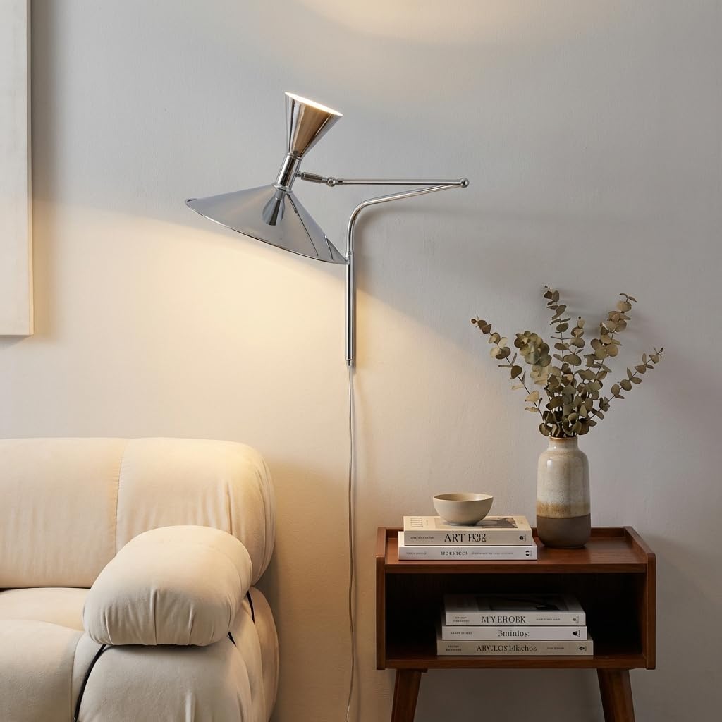 BARCELONA LED Lampada da Parete Industriale Grande 40 cm, Applique a Braccio Articolato, Stile Vintage e Moderno, Paralume in Metallo Cromato Interno Bianco, per Ristorante, Scale e Camera