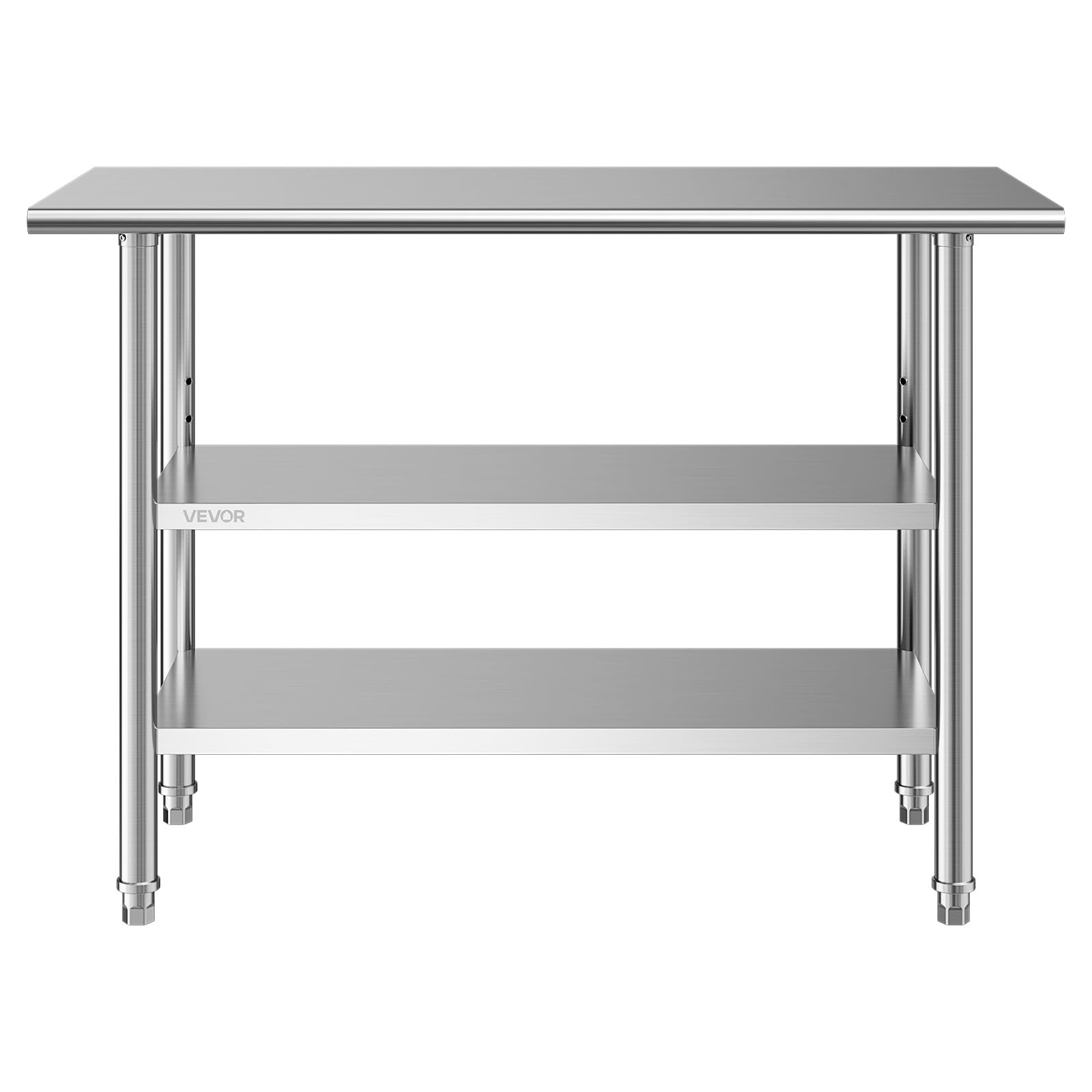 VEVOR Mesa de Preparación de 3 Niveles 121,9 x 61 x 86,4 cm, Mesa de Trabajo de Acero Inoxidable, con Estante Ajustable, Bordes Redondeados, para Restaurantes, Hoteles, Cocinas, Garajes, Exteriores