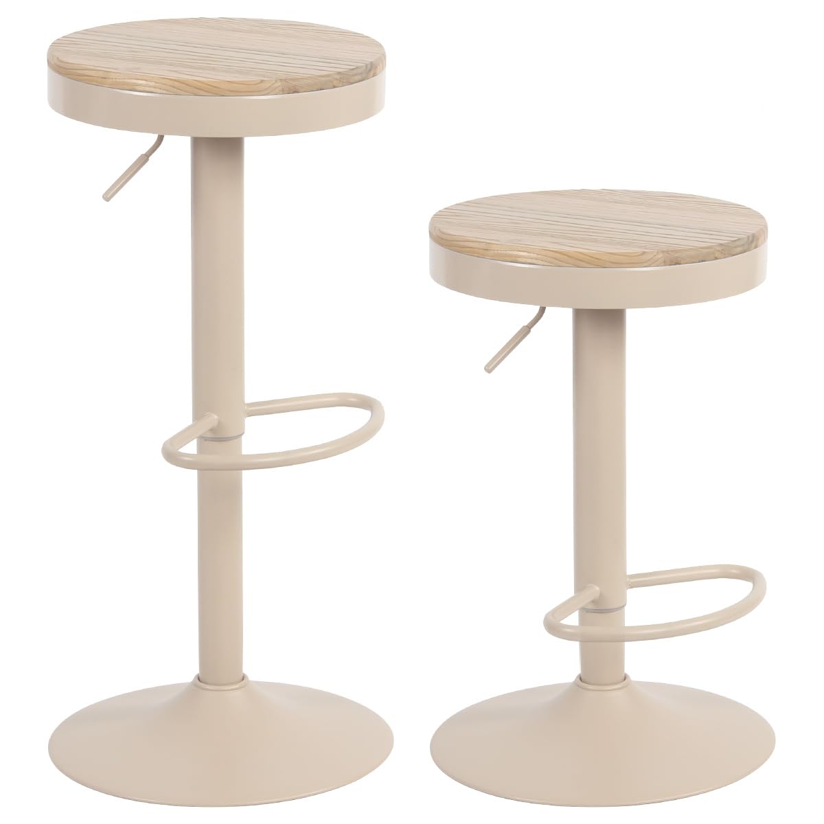 YOUNIKE Taburete de Bar Juego de 2 Taburetes de Bar de Madera Silla de Bar Alta Estructura Metálica Giratoria 360° con Reposapiés Industrial Caqui