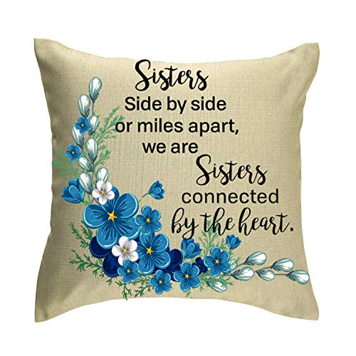 Aeiniwer Jimrou Throw Pillow Cover 18X18Inches To Sister Best Friends Side By Side Or Miles Apart Quote Blue Flowers Cotton Linen Decorative Home Sofa Chair Car Square Throw Pillow Case Cushion Cover #TOP7