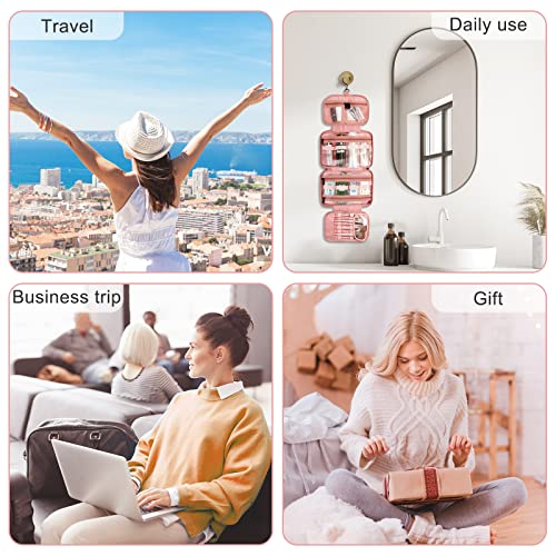 Maxuni Travel Hanging Toiletry Bag, Makeup Bag For Women, Portable Cosmetic Organizer For Brushes Set, Full Size Bottles, Toiletries, Accessories, Pink #TOP6